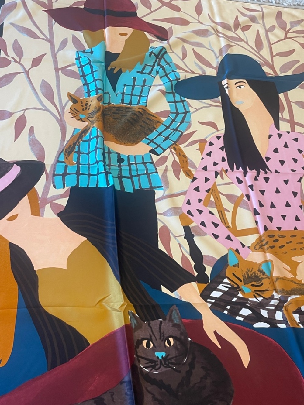 Illustrated Cats & Women Silk Scarf - Multicolor - Picture 5 of 5